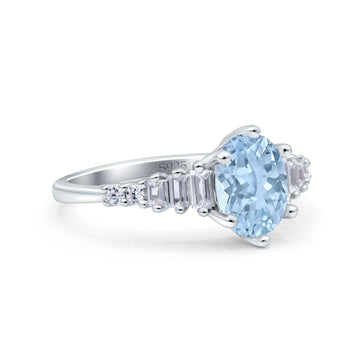 Vintage Style Oval Bridal Wedding Engagement Ring Baguette Simulated Aquamarine CZ 925 Sterling Silver
